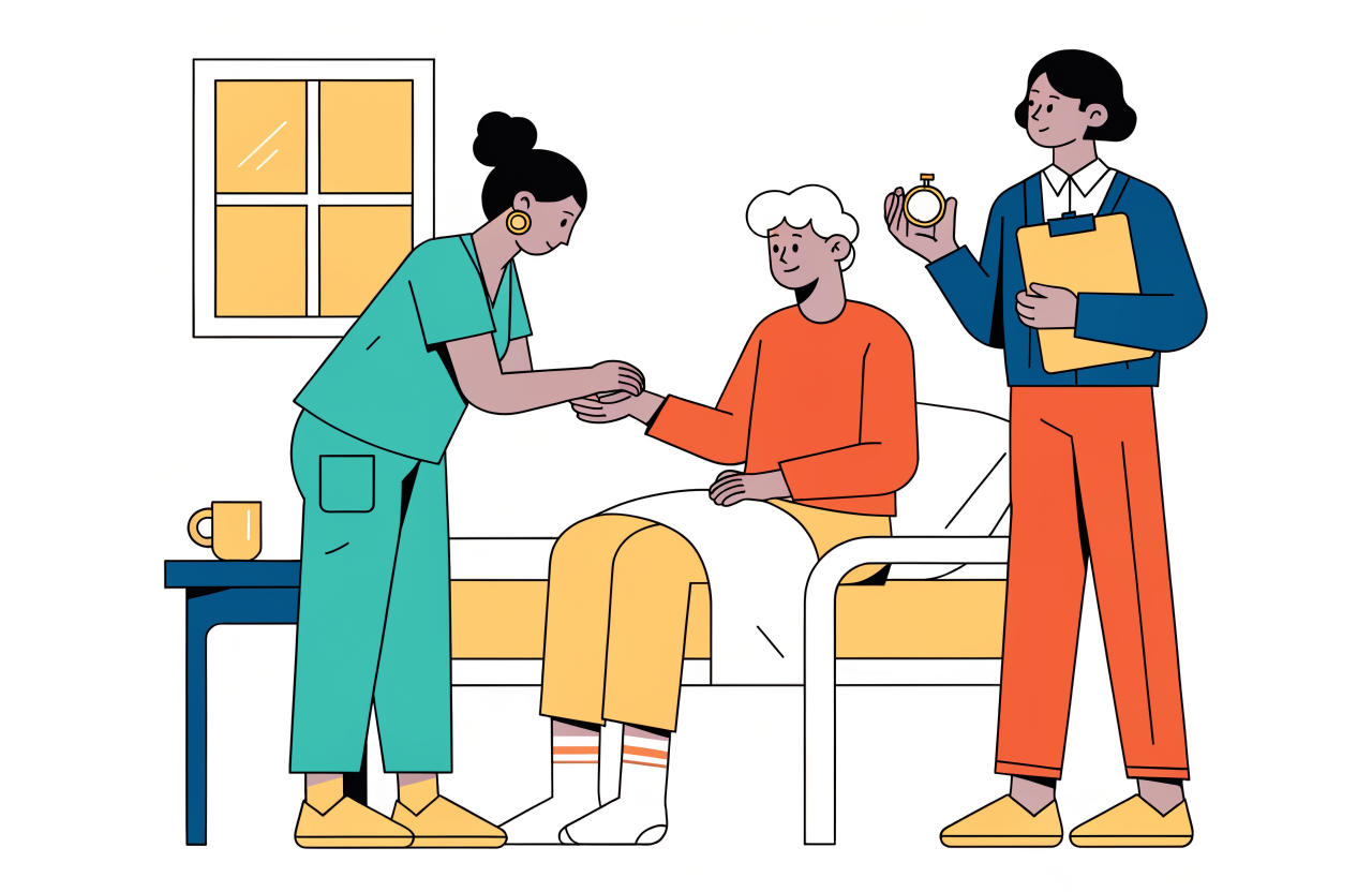 A candidate counts a resident's pulse at the bedside while an evaluator with a stopwatch and clipboard watches